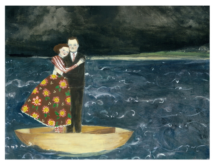 Nigel and Lily embracing at sea print by Amanda Blake