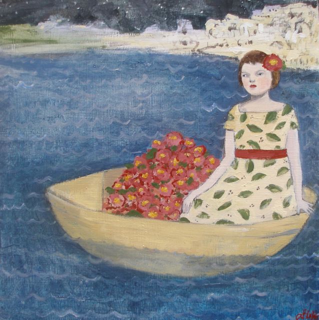 mary sailed away from home in a boat filled with flowers original painting by Amanda Blake