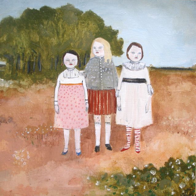 three girls in a rose colored meadow original painting by Amanda Blake
