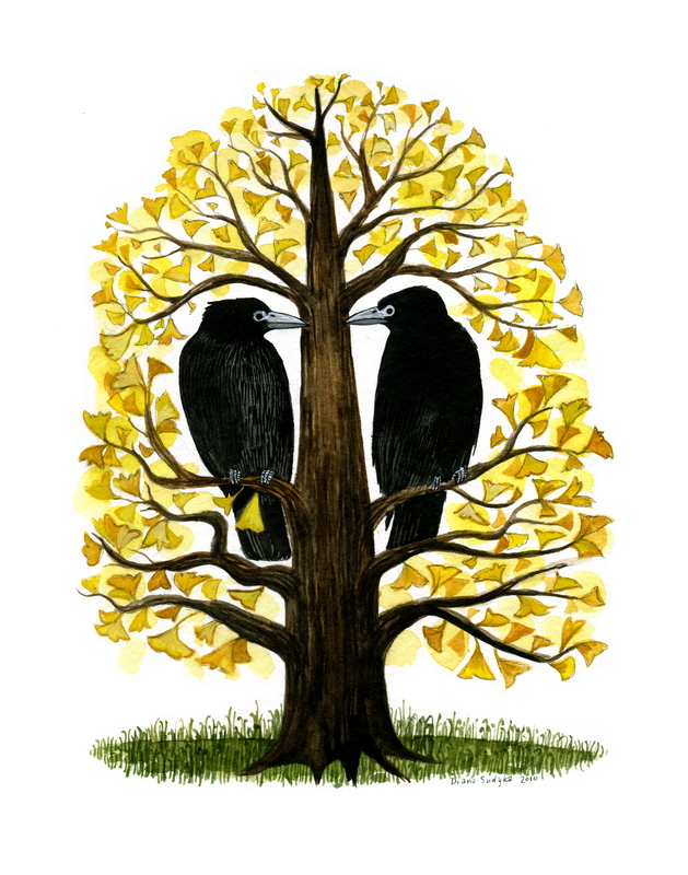 Rooks in Ginkgo Tree print by Diana Sudyka