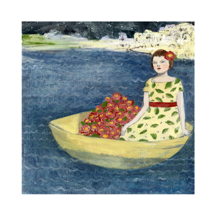 Mary sailed away from home in a boat filled with flowers print by Amanda Blake