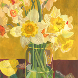 Daffodils and Merian's Banana and Blue Lizard by Michelle Morin